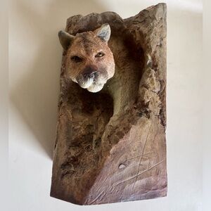 Hand-carved sculpture of a mountain lion by D. Morales Mill Creek Studios 2007